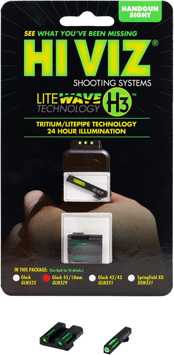 HIVIZ GLN329 HIVIZ Sight Systems, Litewave H3 Tritium/Litepipe, Glock 45 ACP/10mm Sight Set , Black