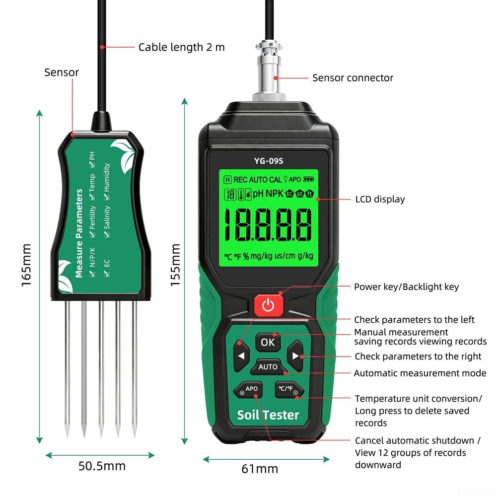 9 in 1 Misuratore del terreno NPK Sensore Digital pH Tester | Misura NPK, pH, umidità, temperatura, conduttività, salina, fertilità; dati precisi per una concimazione ottimale