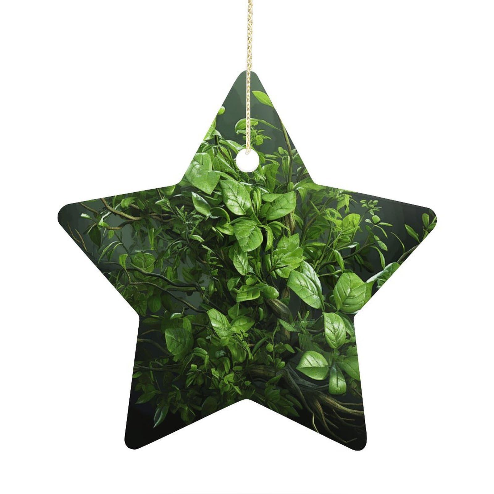 Green Leaves Stars Ornaments Ceramic Christmas Tree Hanging Light in Weight Christmas Star Pendants Funny Double-Sided Printed Xmas Ornaments for Gifts