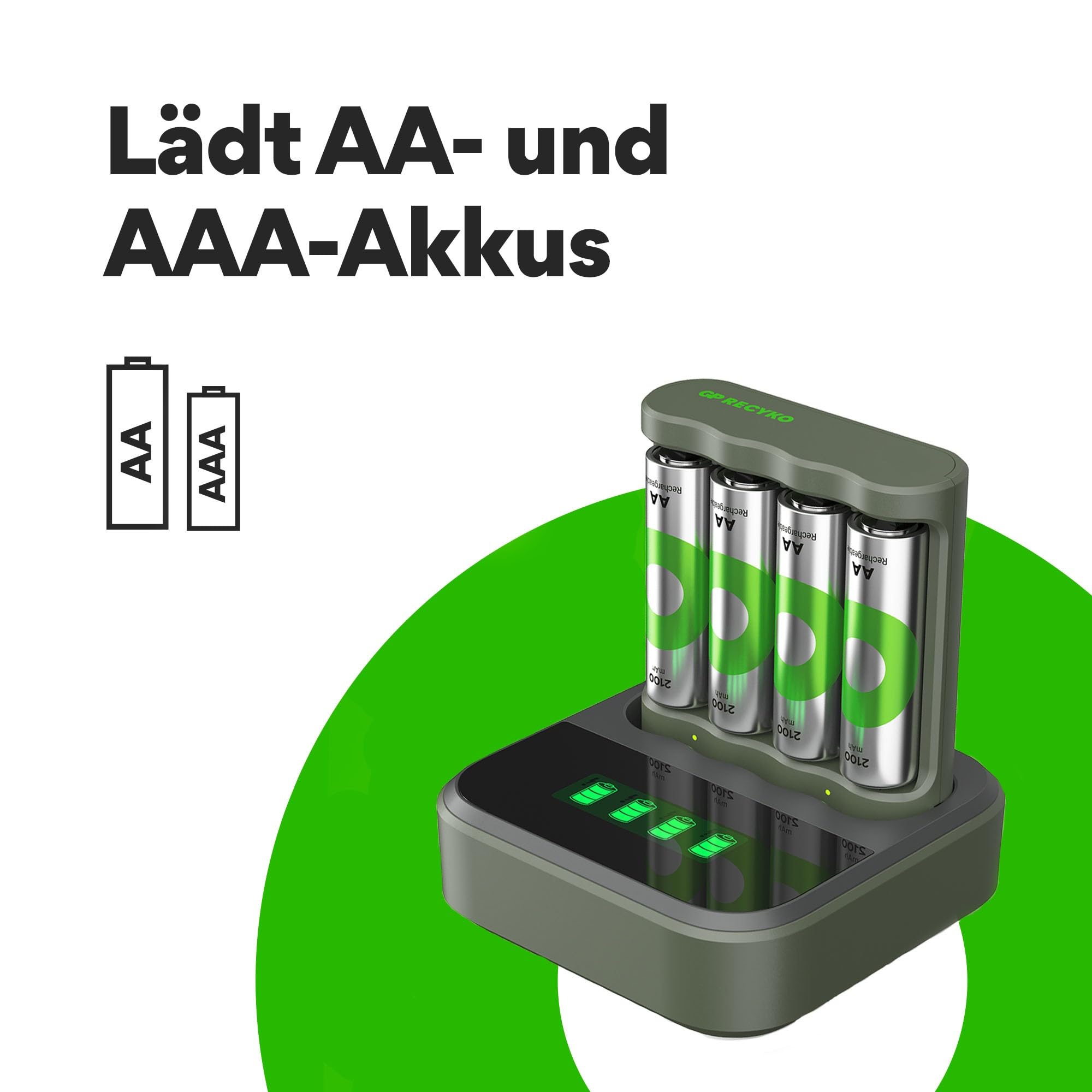 GP ReCyko USB Batterie Ladegerät B441 inkl. 4X ReCyko Akku AA 2100 mAh & USB Dockingstation, Akku Ladegerät AA AAA mit LED-Anzeigen