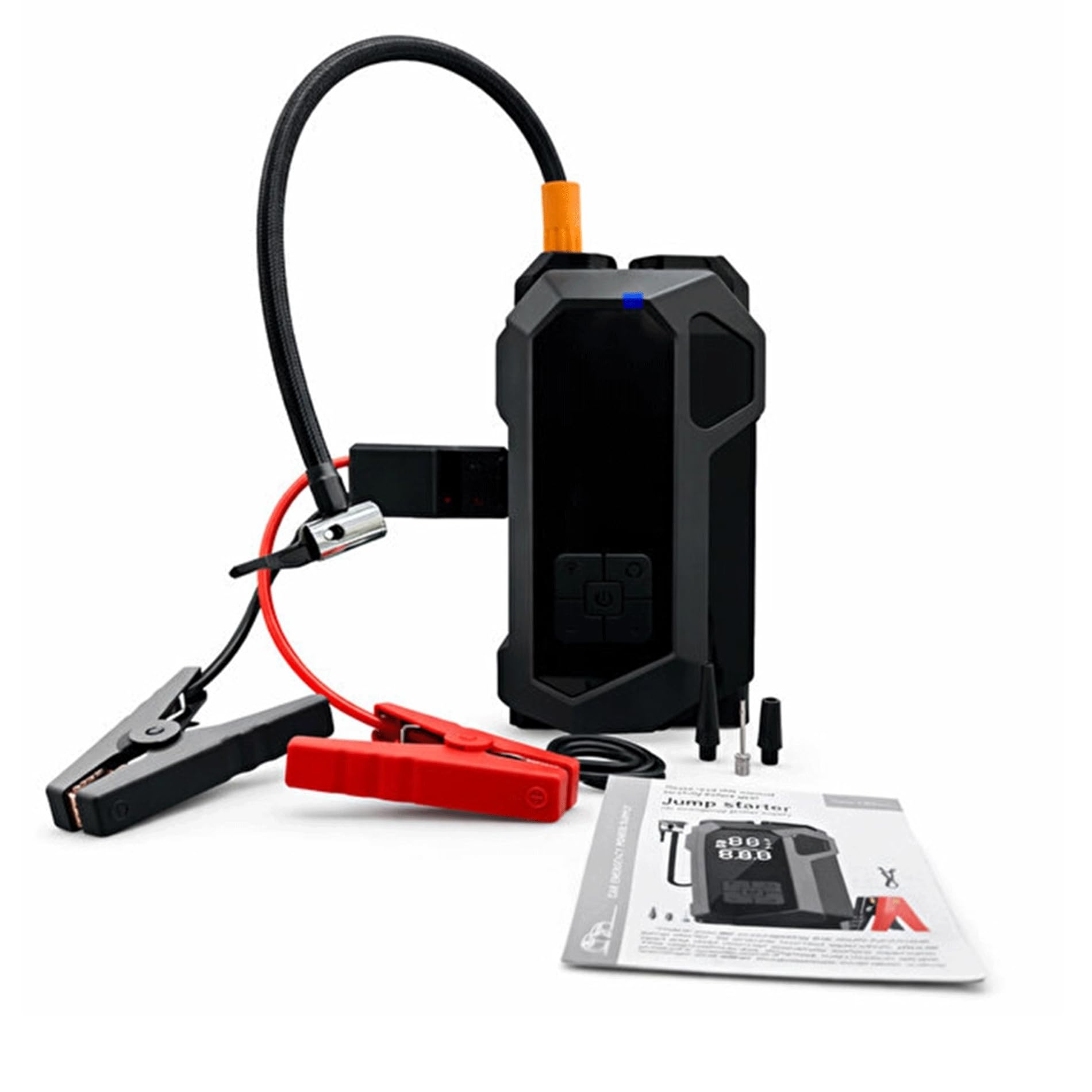 Avviatore Emergenza Auto 12V e Compressore Aria Portatile - Jump Starter 4 in 1, Power Bank, Torcia LED - Booster Batteria per Motori Benzina e Diesel - Compatibile con Auto, Moto, Bici - 800A