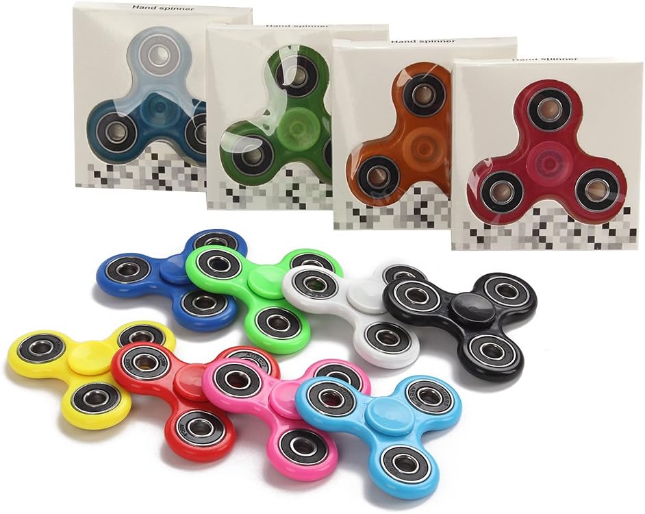 Fidget Hand Spinners 6 Color Bundle Bulk EDC Hand Tri-Spinner Desk Toy Stress Anxiety Relief ADHD Adults Student Classroom, Relax Therapy, Stress Pack Combo Green Red Black White Blue Yellow Glow