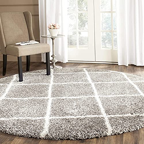 Image of Trellis Design Microfiber Hand Woven Shaggy Carpet Collection with 2 inch Pile Height Carpet for Living Room Size 4x4 feet Square coular Lgrey /Ivory
