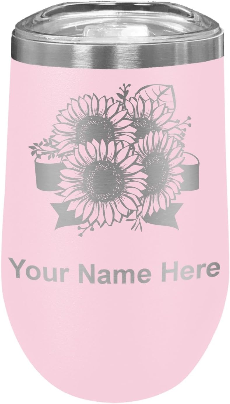 LaserGram 16oz Double Wall Stainless Steel Wine Glass Tumbler, Sunflowers, Personalized Engraving Included (Black)