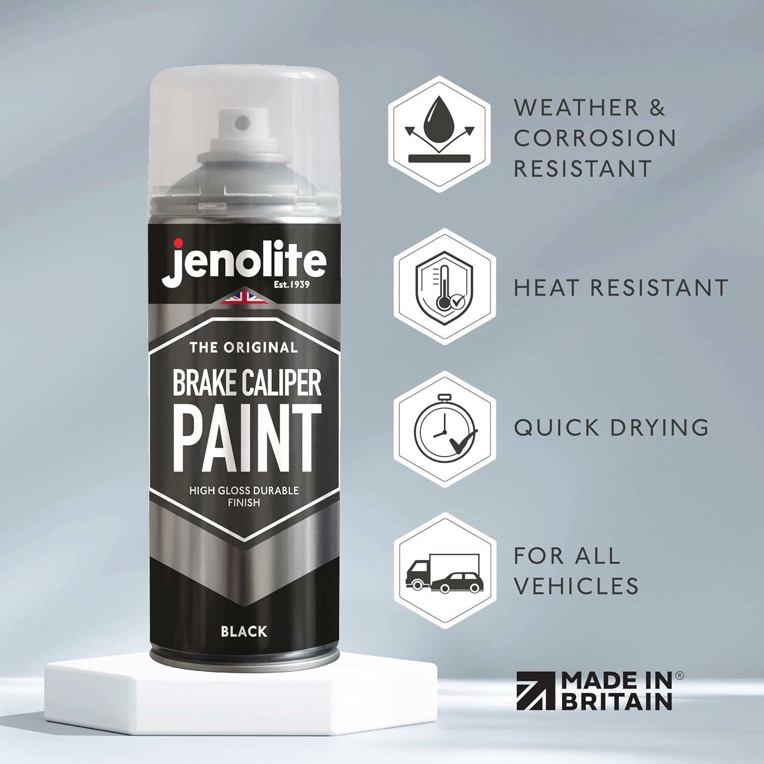 JENOLITE- Bremssattellack Schwarz. Bremssattelfarbe. Hitzefester Thermolack für Bremsklötze am Auto bis 300°C. Inhalt: 400ml