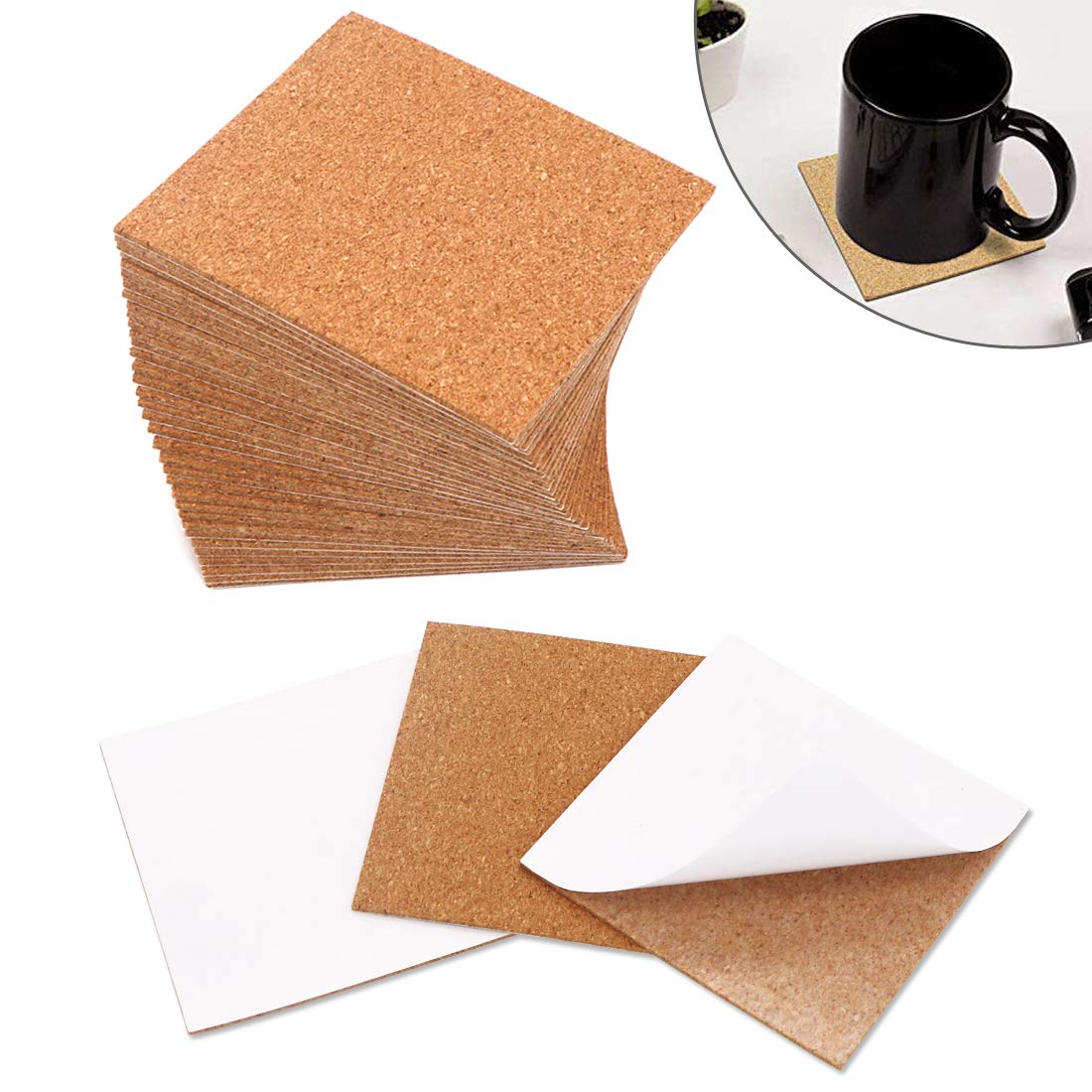 Self-Adhesive Cork Squares 40 PCS 4 x 4 Inches Cork Mats Cork Backing Sheets with Strong Adhesive-Backed for Coasters Wall Decor and DIY Crafts