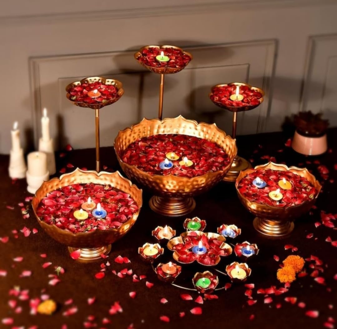 Universal Decor Taj Bowl Hammered Urli Candle Stand with Floating Diya | Urli for Home Decor and Festival Decor Urli Show Piece for Floating Flowers Diya - 9 Pieces Combo (Iron)-image-29