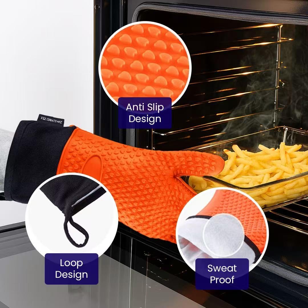 FSZ Creationz, Orange Heat Resistant Oven Gloves/Mitts, Silicone Kitchen Gloves, Non-Slip Pot Holder Gloves, 1 Size Fits All, Water Proof Men & Women Kitchen Gloves for Cooking,Baking,BBQ