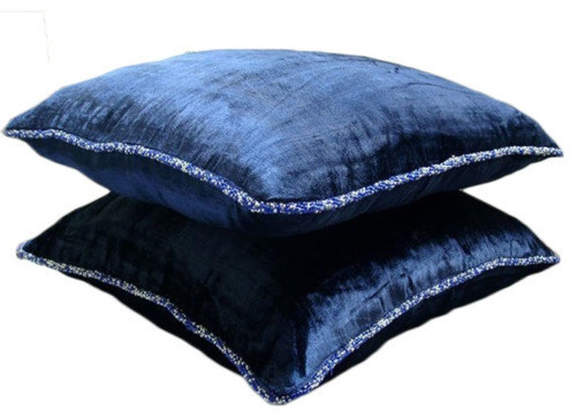 The HomeCentric Pack of 2, 45x45 cm (18"x18") Square Decorative Throw Navy Blue Velvet Cushion Cover with Bead Border, Solid Color Throw Pillow Covers, Contemporary Pillow Covers - Navy Shimmer โ image 1