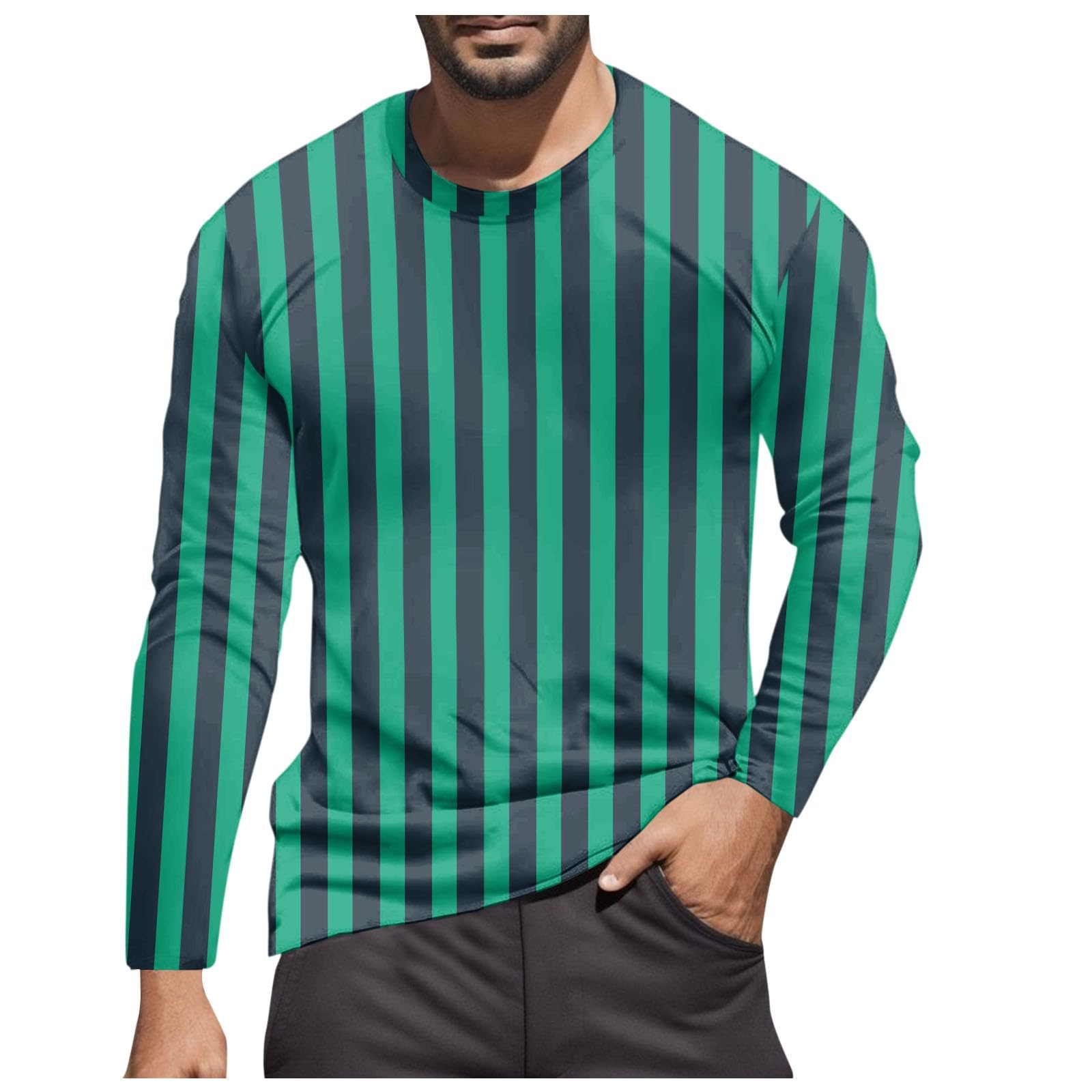 Striped Shirt Men Women Red White Long Sleeve T-Shirt Carnival Long Sleeve T-Shirt Horizontal Stripes Wide Stripes Fine Stripes Crew Neck Leisure Top Striped Shirt Fancy Dress Costumes, Green-7, XXL