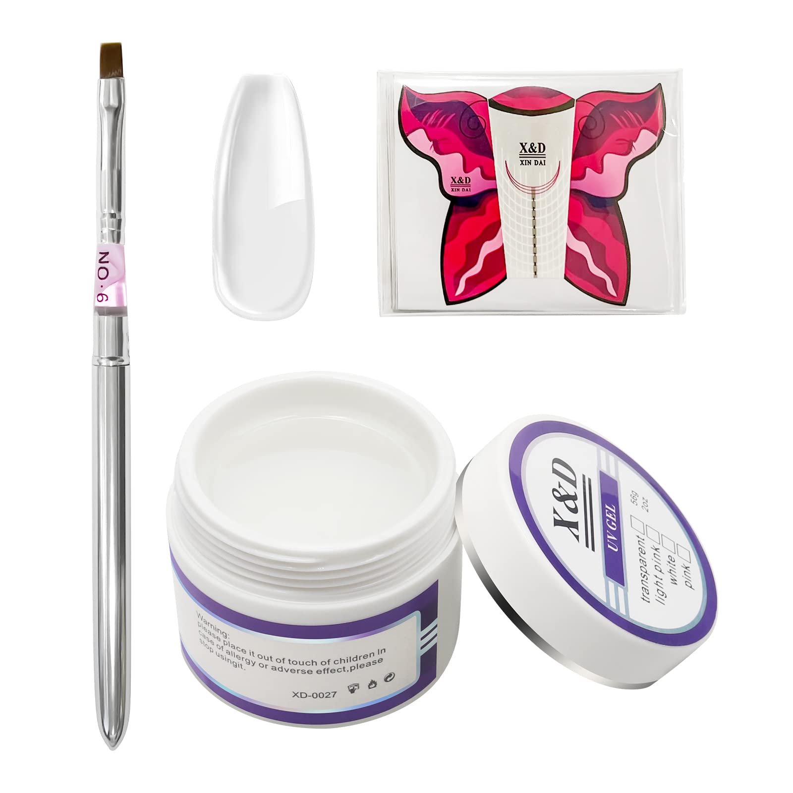 X&D Poly Gel Nail Kit 56g Natural Clear Color Poly Nail Gel Kit Quick Dry Nail Extension Balance Builder Nail Gel with Nail Forms, Sable Brush with Cap Set (Transparent)