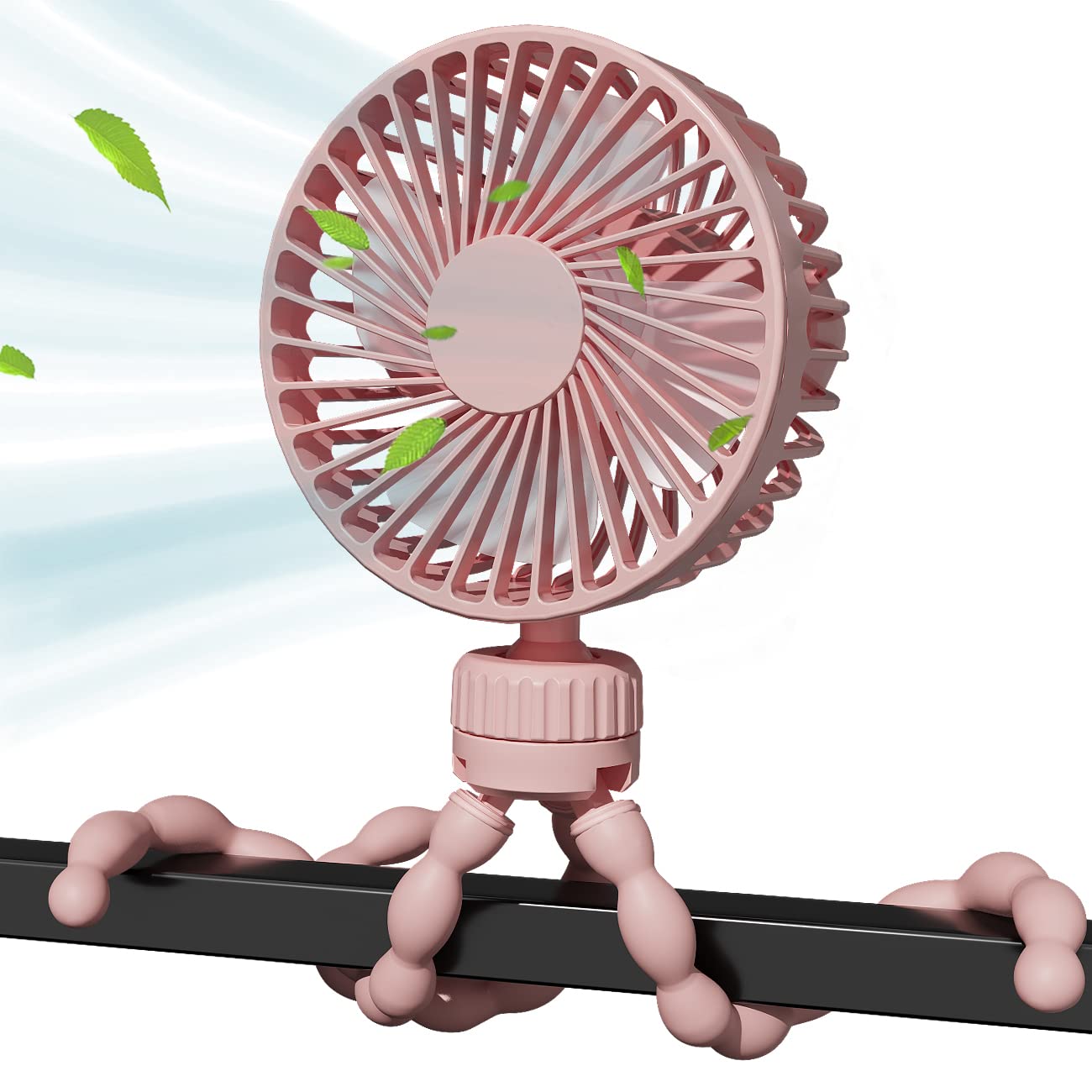 Ventilateur Portable pour Poussette, Batterie Rechargeable par USB, mini Ventilateur de Bébé avec 3 Vitesses, Rotatifà 360° et Clip de Trépied Flexible pour Siège de Voiture, Camping - Rose