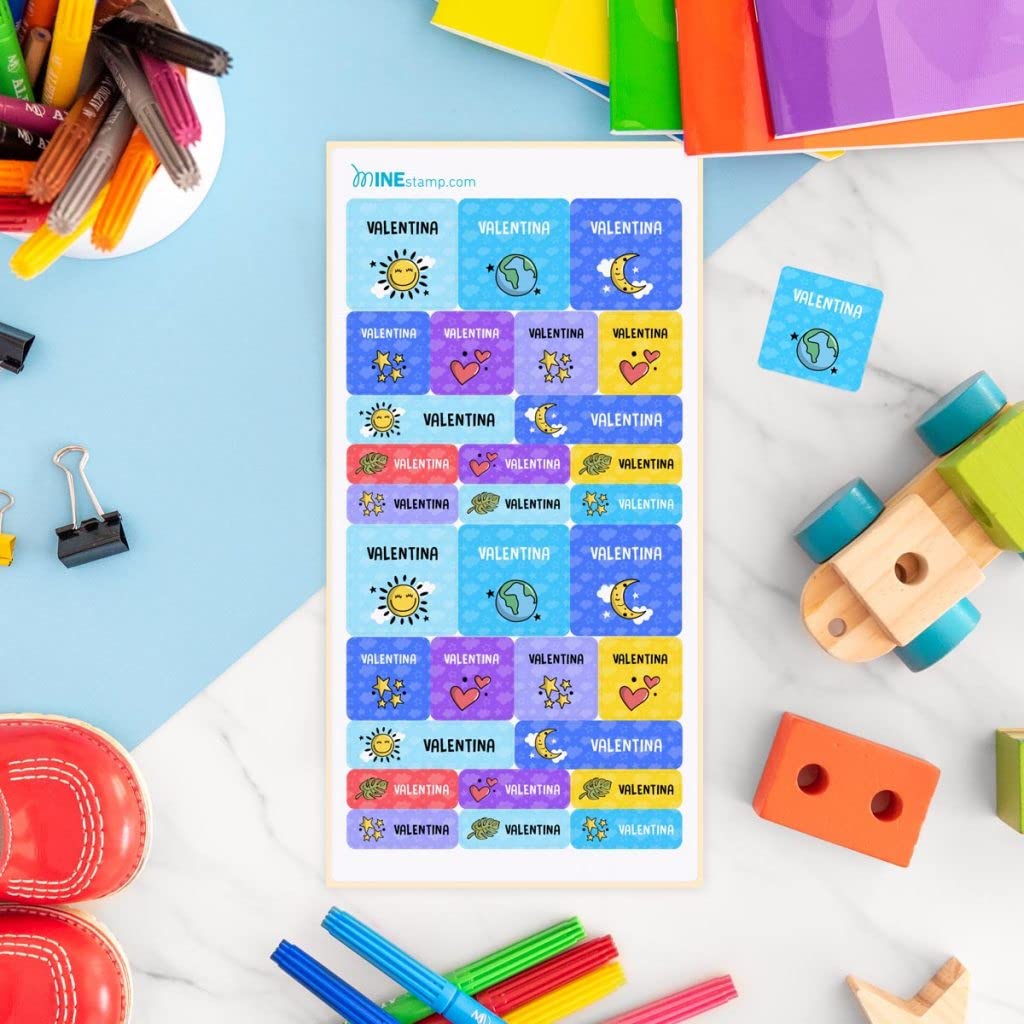 Mine Stamp Etiquetas Adhesivas Personalizables Rectangulares y Cuadradas | Pegatinas Personalizadas para Niños | Pegatinas Infantiles con Nombre para Etiquetar | 60 unidades