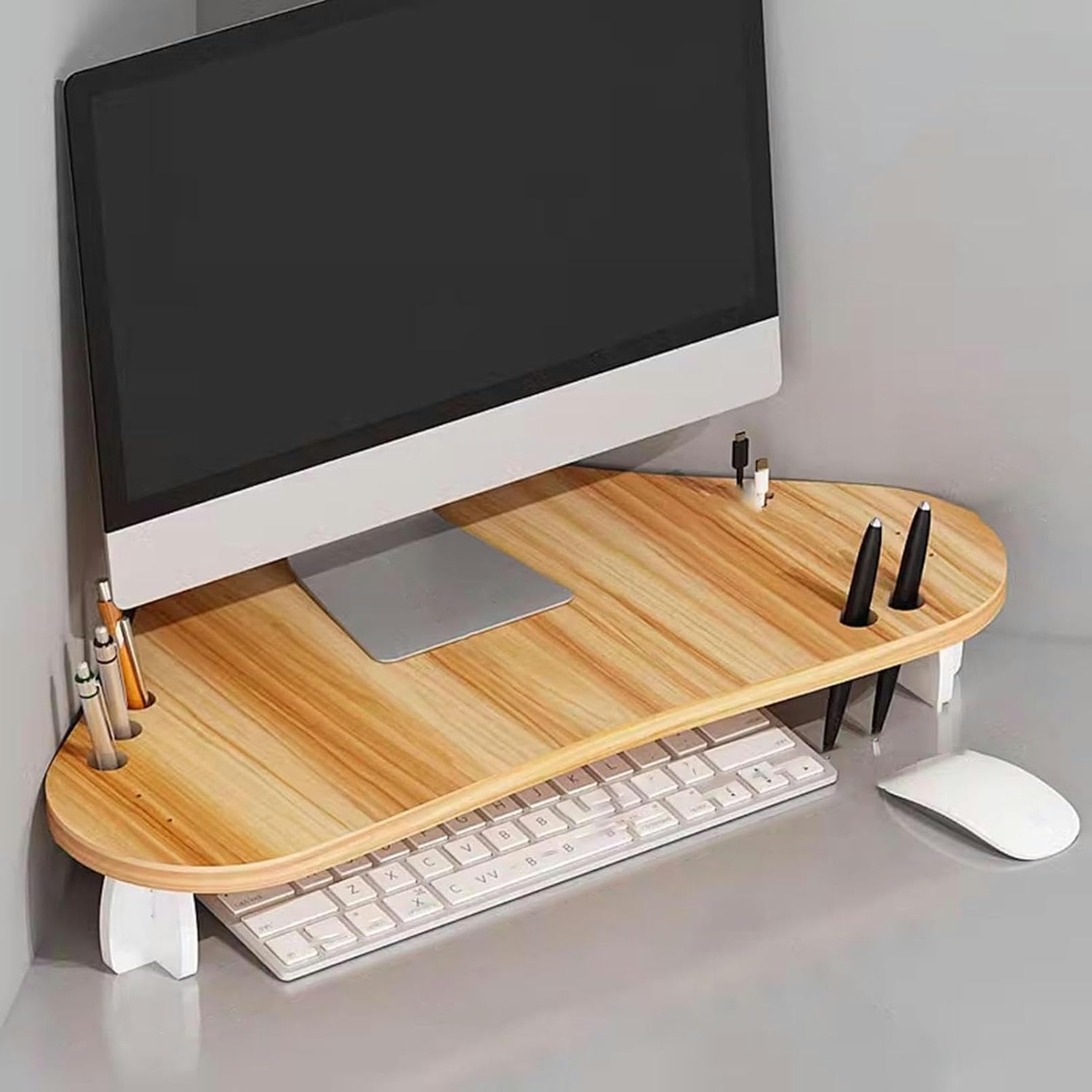 CGJseFH computer stand, Corner Monitor Stand with Pen Holder, Ergonomic Triangle Computer Screen Riser, Space Saving Office Desktop Organizer Shelf for Laptop/Printer,White(Walnut)