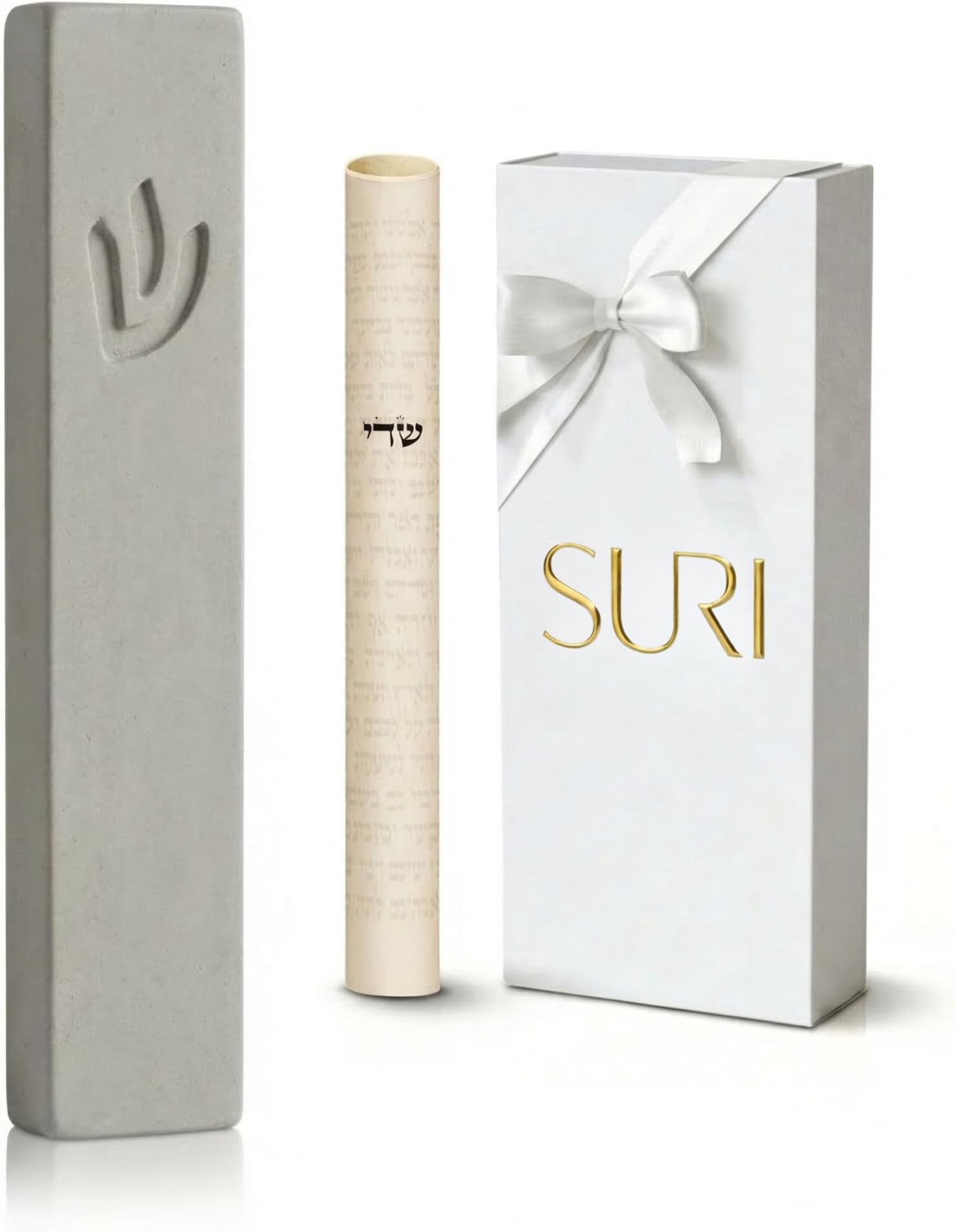 SURI Concrete Light Gray Contemporary Mezuzah Case with Scroll for Door, Self Stick 4” Mezuza Housewarming Present Jewish Gift