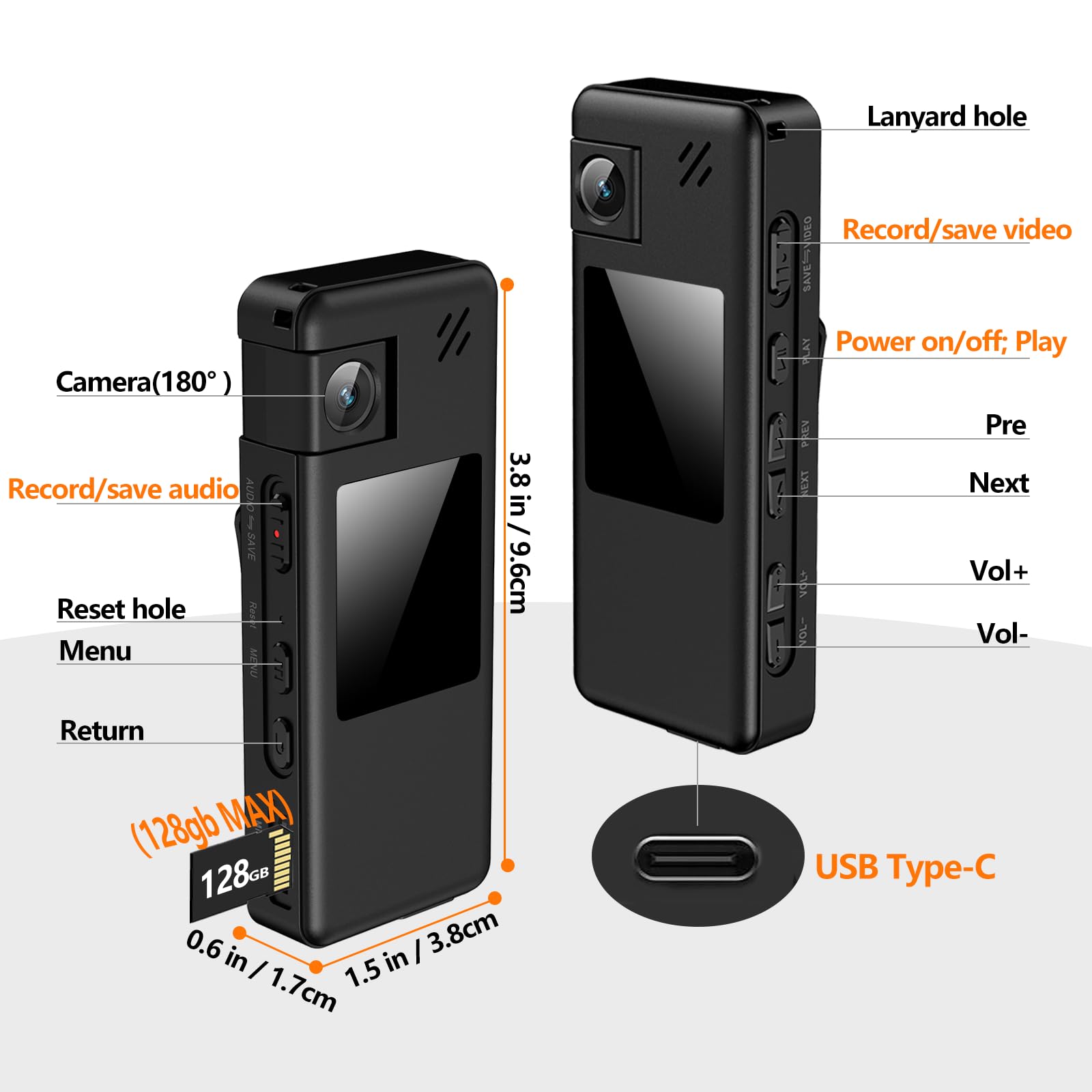 A32 64GB Caméra de Corps, Caméra Corporelle Portable avec Objectif Rotatif 180° et Détection de Mouvement, Caméscope 1080P avec Enregistrement Audio et Vidéo pour Outdoor Sports Police Livrais