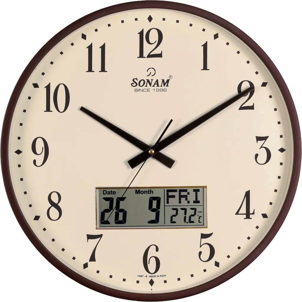 Sonam Quartz SLC 14087 SWP Round Analog & Digital Wall Clock - Brown Wood Frame with Ivory Dial B, LCD Temperature & Calendar Display by Devi Crafts (14 x 14 Inches)-image-2