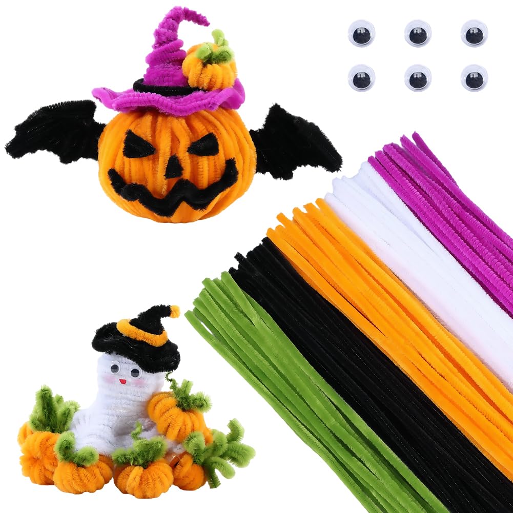 Cadeau creatif Halloween : tiges chenille orange et yeux mobiles pour enfants
