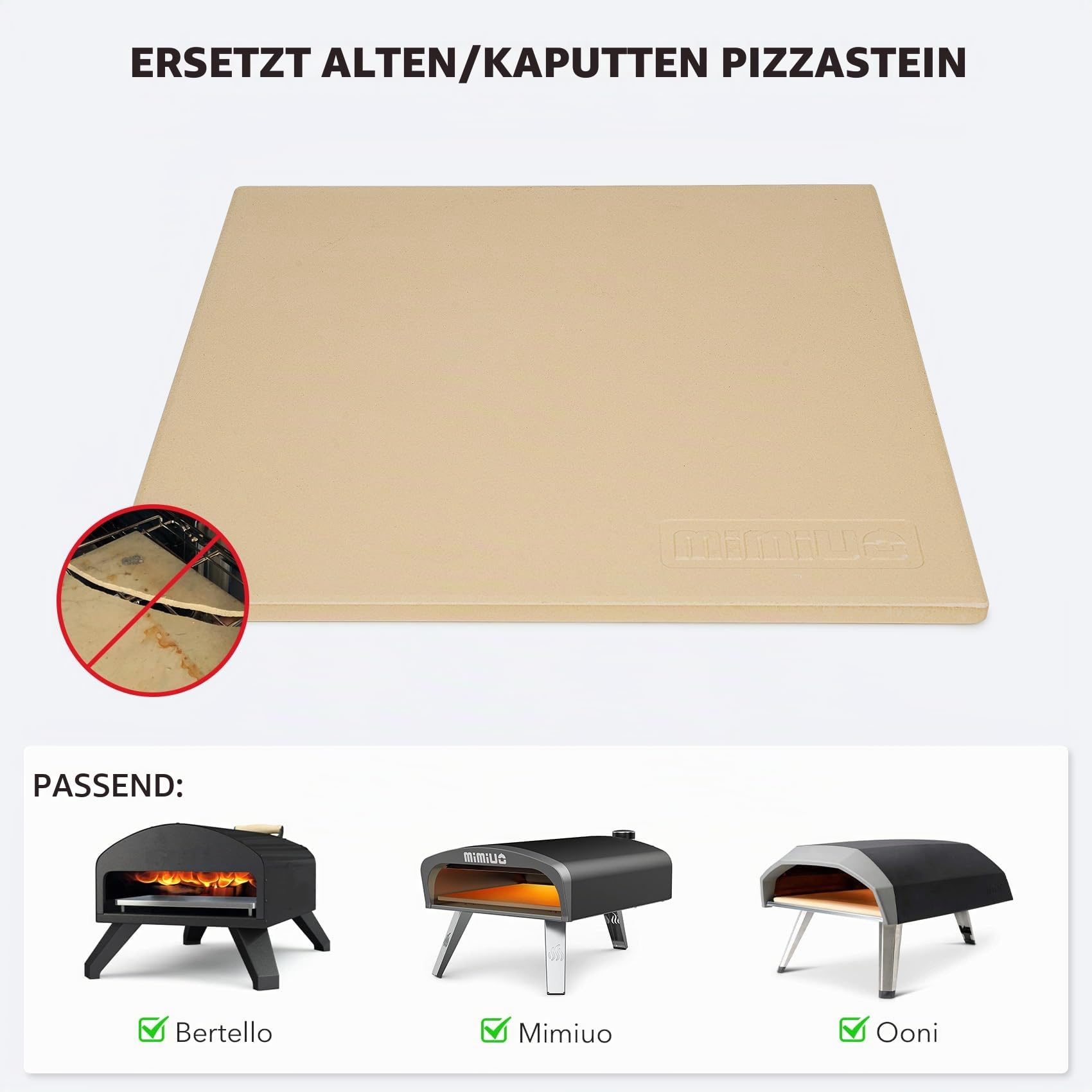 Mimiuo Pizzastein für Backofen und Gasgrill, Backen, Cordierit Quadratischer Pizzastein for Ooni, Grillen und Servieren Für Torten, Gebäck, Brot, Pizza, 33 × 33 cm