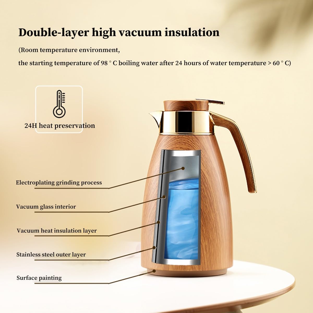 GIZNXBA Caraffa Termica 1,6 Litri Caraffe in Acciaio Inox per Liquidi Caldi - Caraffe Isolate per Conservare caffè Caldo/Freddo, tè, Acqua, Distributore di Bevande per Feste(/Walnut)