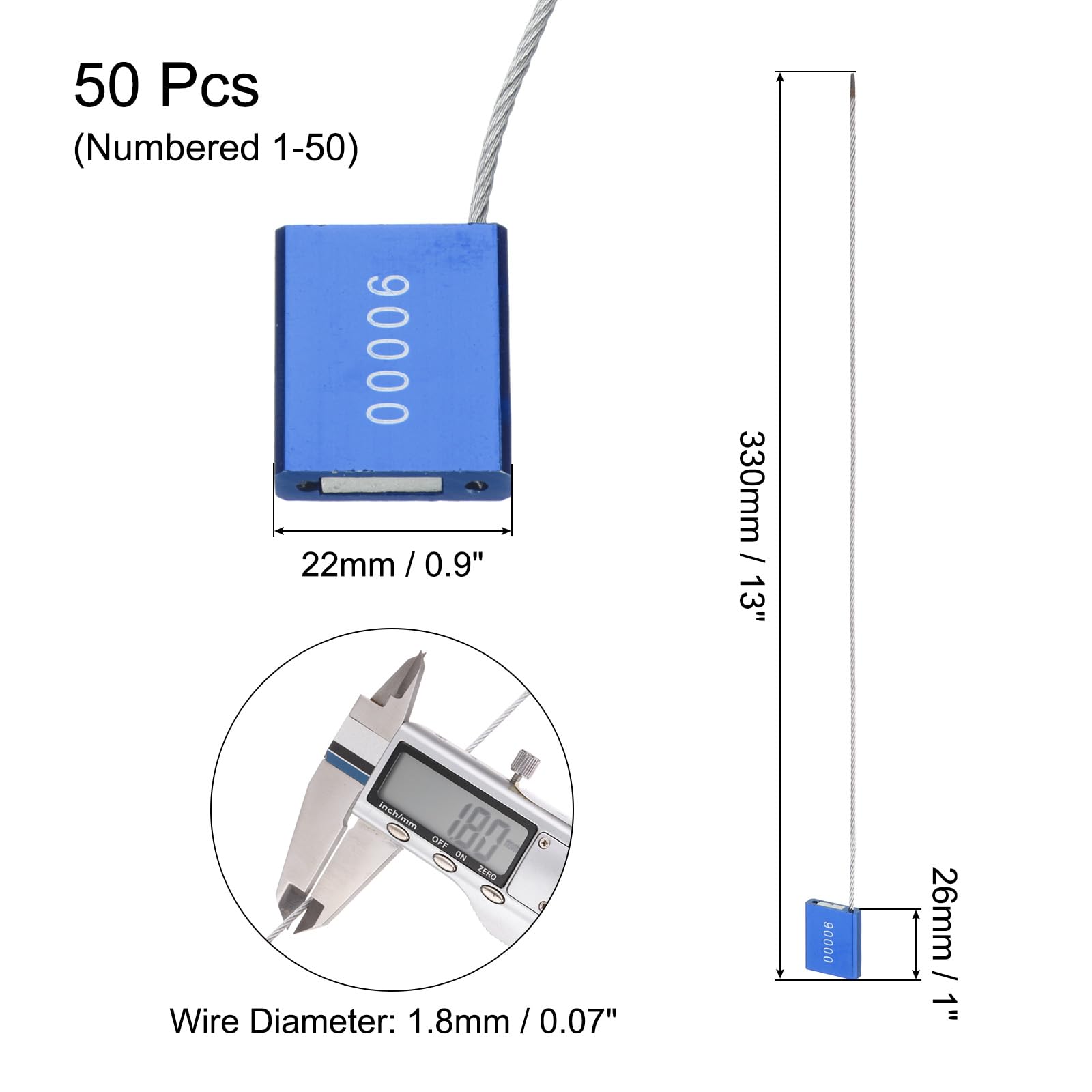 MECCANIXITY Steel Security Cable Seals 13 Inch Disposable Numbered Tags Tamper Proof Seal Self Locking for Truck Trailers Container Shipping Blue, Pack of 50