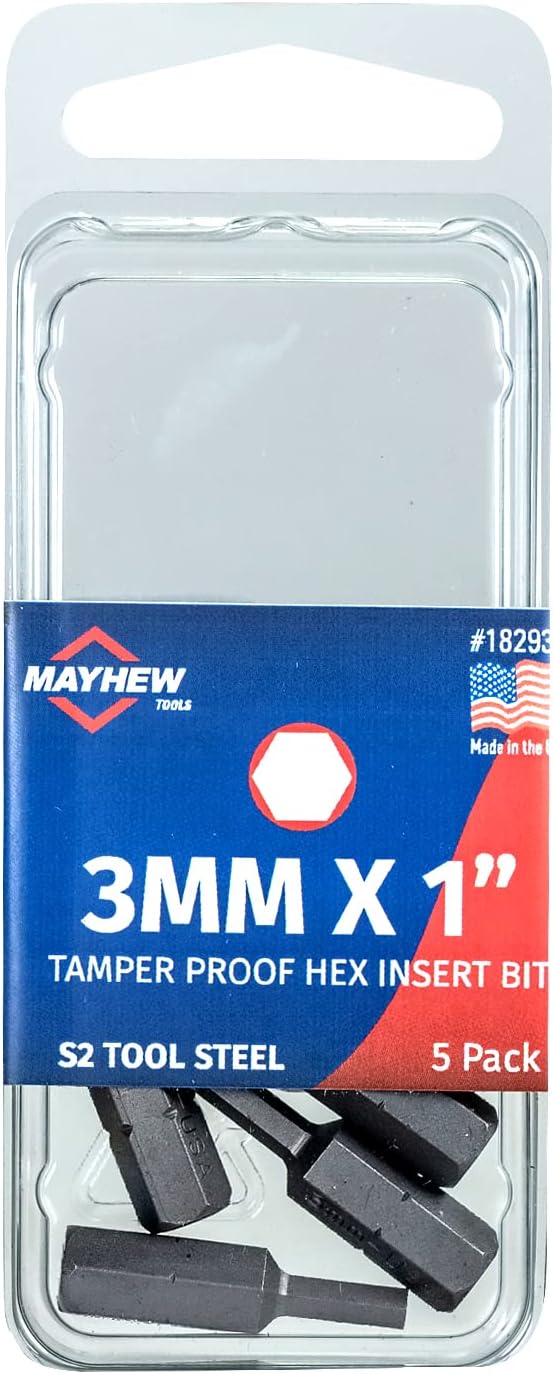 Mayhew Tools 18293-5 USA Tamperproof Metric Hex Insert Bit, 3mm x 1", 5-Pack