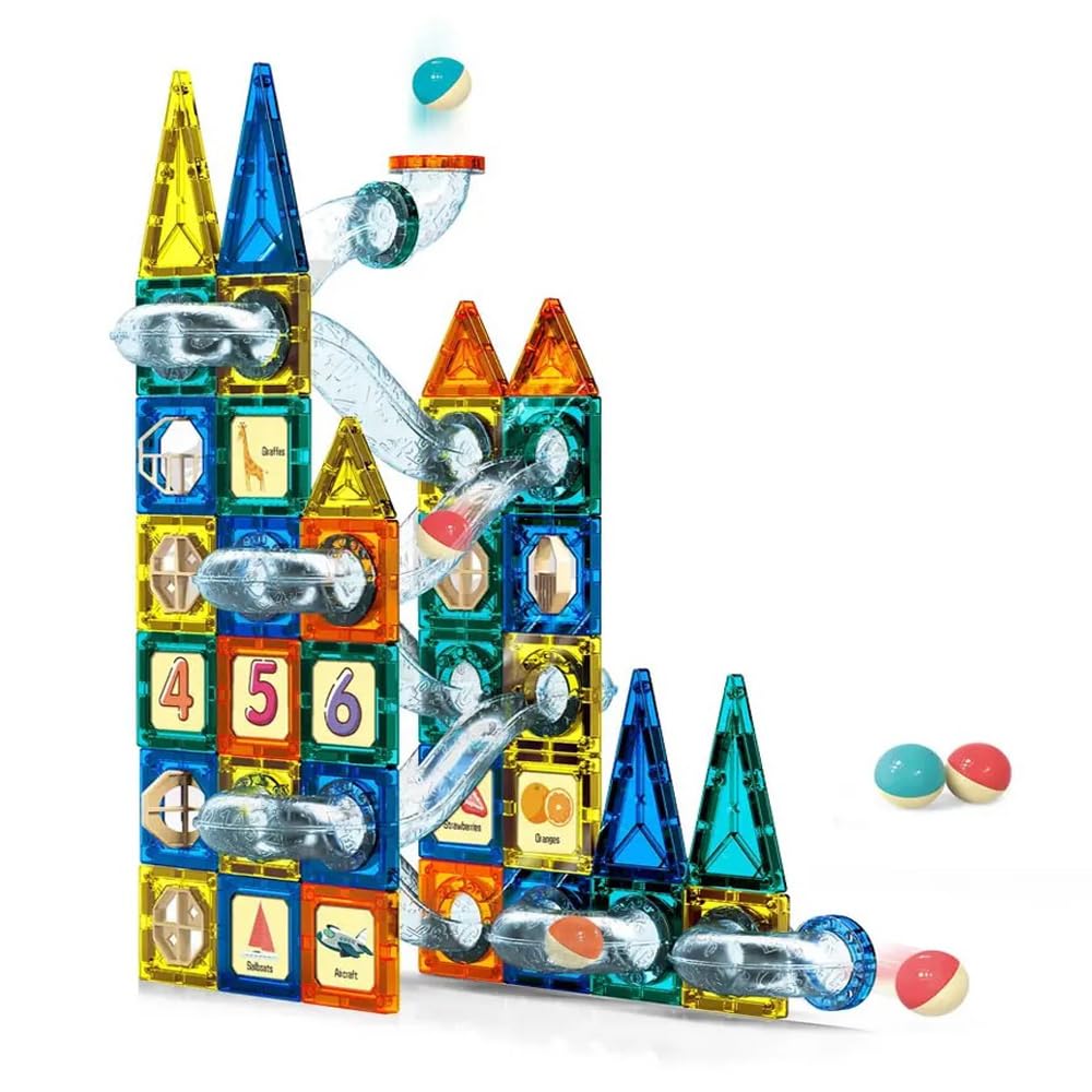 Magnetic Tiles Marble Run 97PCs STEM Learning and Creative Magnetic Building Blocks Gravity Marble Maze Games for Toddlers Kids Boys Girls Ages 3+ Years