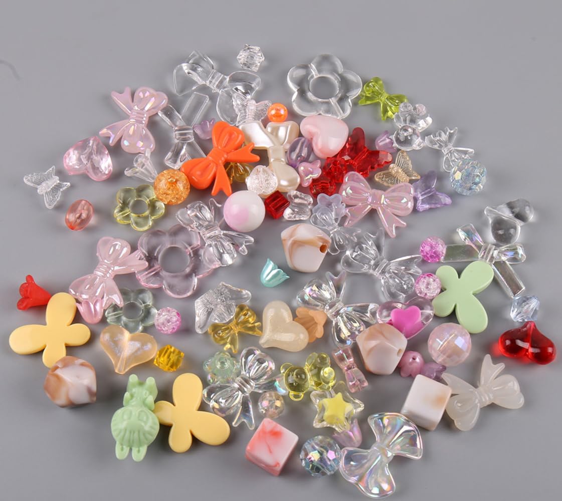 150 g (170 ~ 230 Stück), ästhetische Acryl-Perlen, niedliche Perlen für die Schmuckherstellung, Kawaii-Blume, Herz, Stern, Schmetterling, runde Perlen, Halsketten, DIY Handwerk (gemischte Farben)