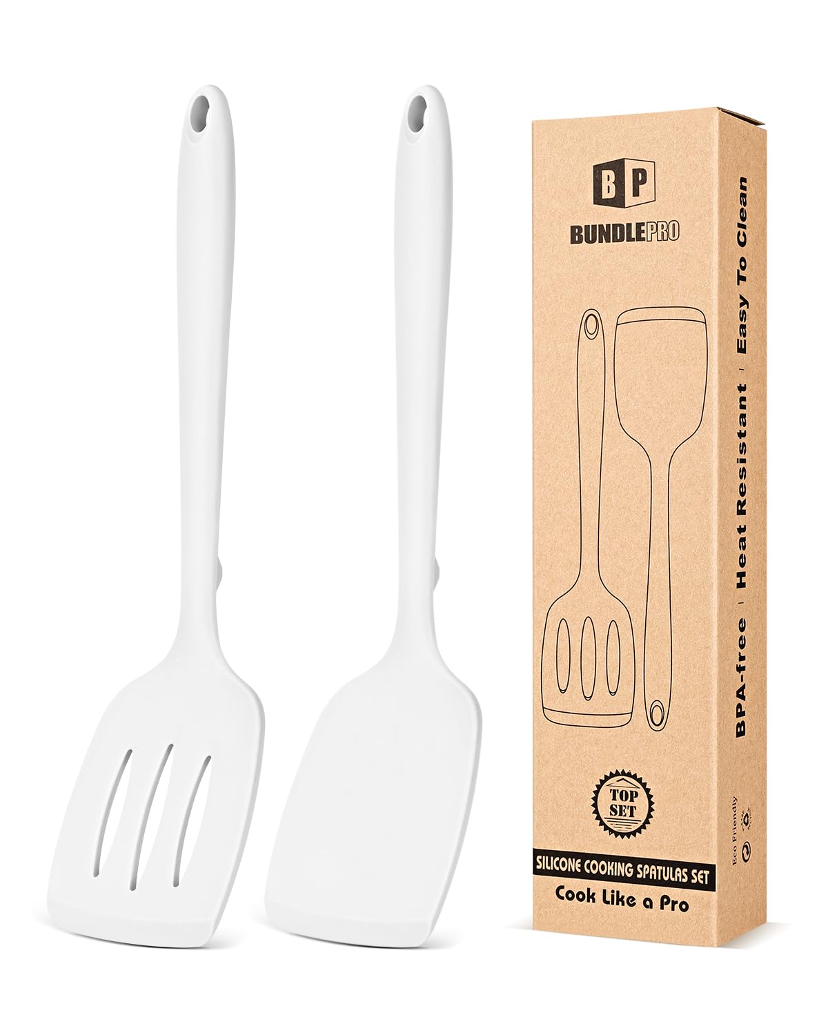 Pack of 2 Silicone Spatula Turners, Non Stick Slotted Kitchen Spatula Set, Heat Resistant BPA Free Kitchen Utensils, One-Piece Design, Suitable for Flipping Fish, Eggs, Steak, Pancakes (WHITE)