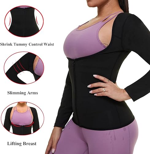 Miniatura 4 de Traje de sauna para mujer chaqueta moldeadora de cuerpo de sudor camiseta de manga larga con cremallera camiseta de entrenamiento Negro, Plateado