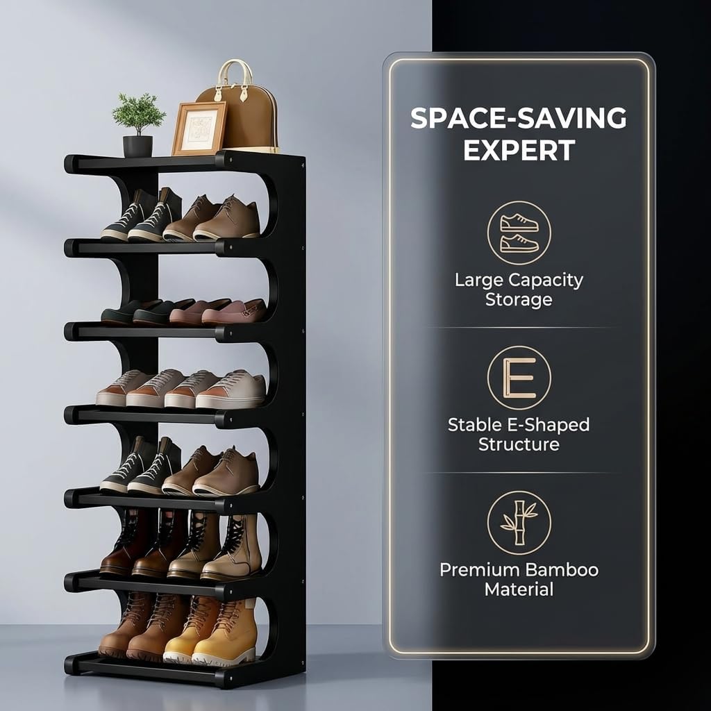 39" Bamboo Shoe Rack - Vertical Shoe Organizer Rack for Small Space, Narrow Shoe Tower for Closet, Entryway, Corner, Tall Shoe Shelf with Removable Shelves, Flexible Storage Shelf for Saving Space