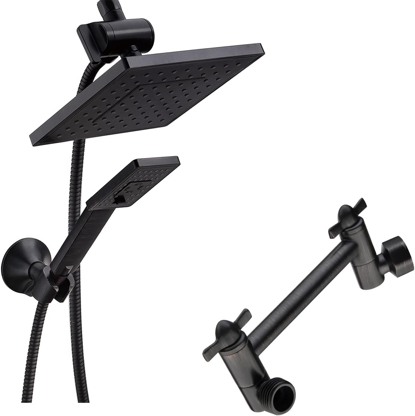 BRIGHT SHOWERS Rain Shower Head with Handheld Spray 5 ft. Shower Hose Combination Set Matching 5 Inch Brass Adjustable Shower Arm Extension, Oil-Rubbed Bronze