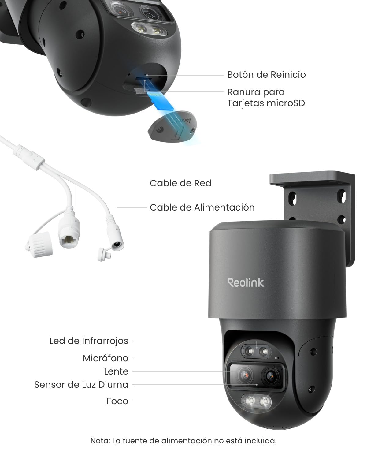 Reolink 4K 8MP PTZ Camara Vigilancia, Zoom Híbrido 6X, TrackMix PoE Gris | Doble Lente, 355° Pan y 90° Tilt, Color Visión Nocturna, Detección Inteligente, Seguimiento Automático, Audio Bidireccional
