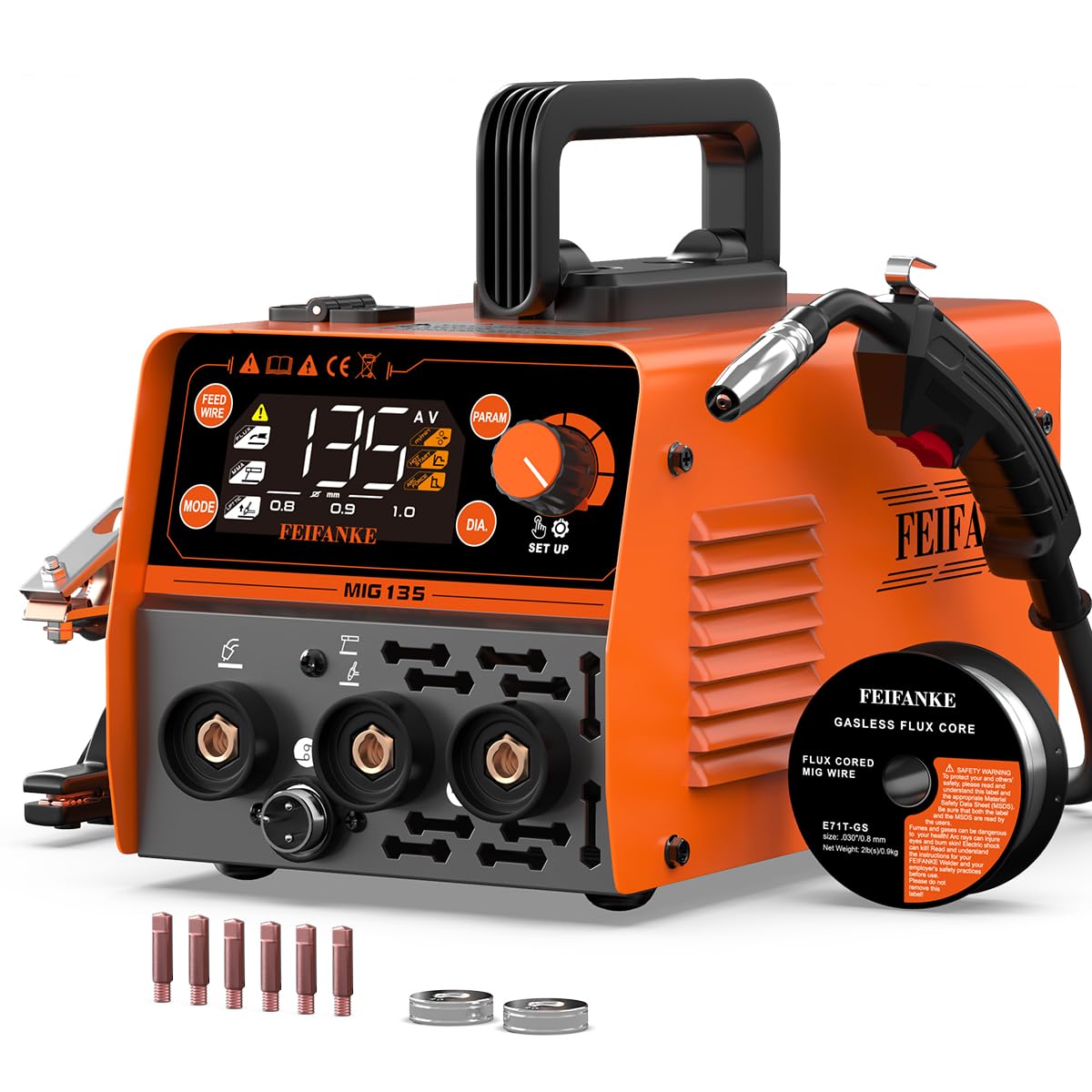 FEIFANKE MIG135 Saldatrice A Filo Continuo No Gas 135A 230V Saldatrice Inverter IGBT Mini Synergistic 3 In 1 TIG Elettrodo Saldatrice A Filo Avanzamento Rapido Del Filo Compatibile con Filo E308LFC-O