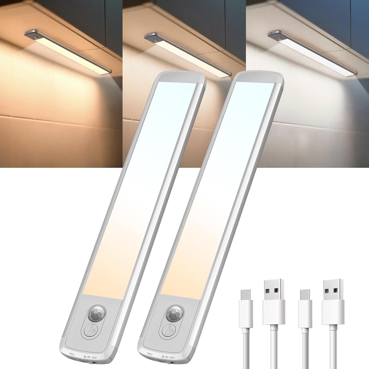 Under Cabinet Lighting Rechargeable, Wireless Motion Sensor Light Indoor, 3 Color Temperature, Dimmable, 3 Modes, Magnetic Under Counter Lights for Home, Kitchen (8.3inch, 2Pack)
