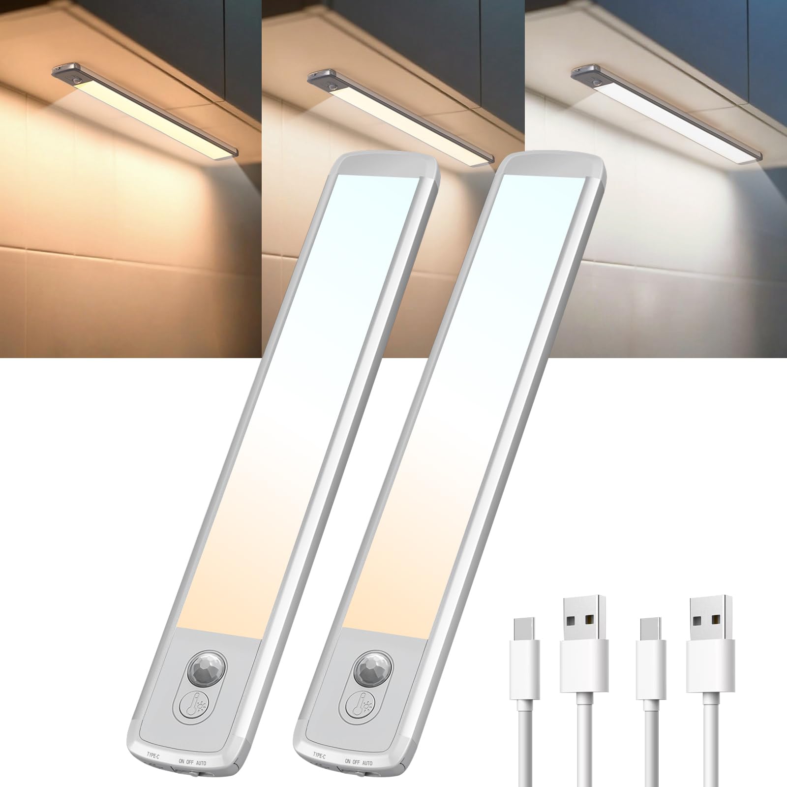 TANSOOL+ 21cm Schrankbeleuchtung LED Lampe mit Bewegungsmelder Innen - 3 Farbmodi Dimmbar USB-C Schranklicht Unterbauleuchte Küche Licht für Küche, Treppe, Schrank - 2 Stück