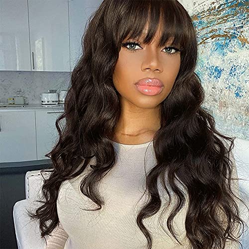 Nnzes Long Wavy Dark Brown Wig with Bangs for Women 28 Inches Long Curly Full Hair Natural Looking Heat Resistant Synthetic Hair for Daily Wear (Dark Brown)