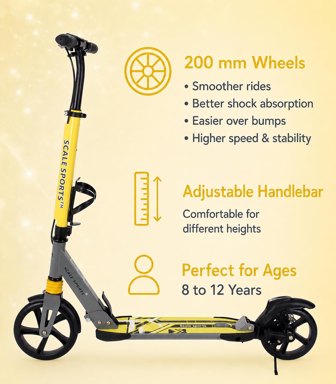 Kick Scooter - Patinete plegable de 2 ruedas para niños de 8 a 12 años, adolescentes y adultos, manillar ajustable, ruedas grandes de poliuretano de 200 mm, frenos de disco y pie, correa