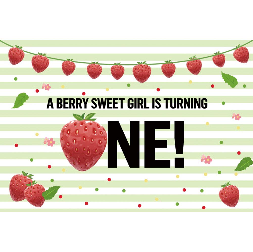 Photo 1 of OERJU 8x6ft Happy 1st Birthday Backdrop Strawberry Green White Stripes A Berry Sweet Girl is Turning One First Birthday Background for Photography Baby Girl Bday Photo Background 8x6ft-Vinyl