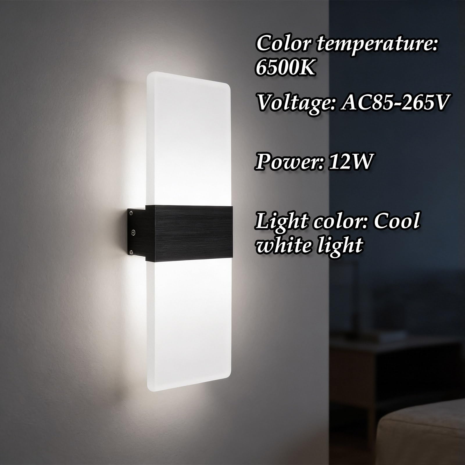 Applique Murale Intérieure LED 12W Blanc Froid Luminaire Mural Salon | JaneYi 6500K Noir Lampe Murale Interieur Moderne en Acrylique Métal Éclairage Haut et Bas pour Couloir Escalier Chambre