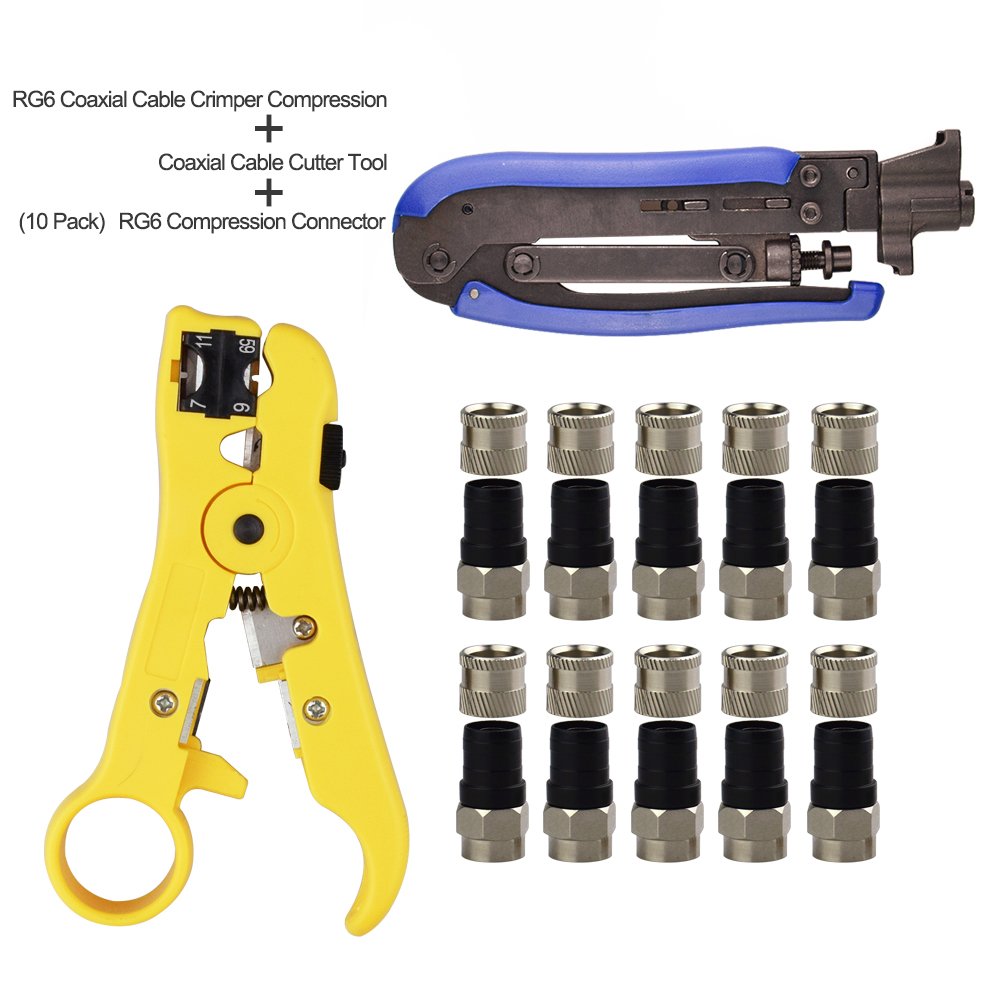 Set of Coaxial Cable Crimper Compression Tool with Wire Stripper Cutter and Compression Connector