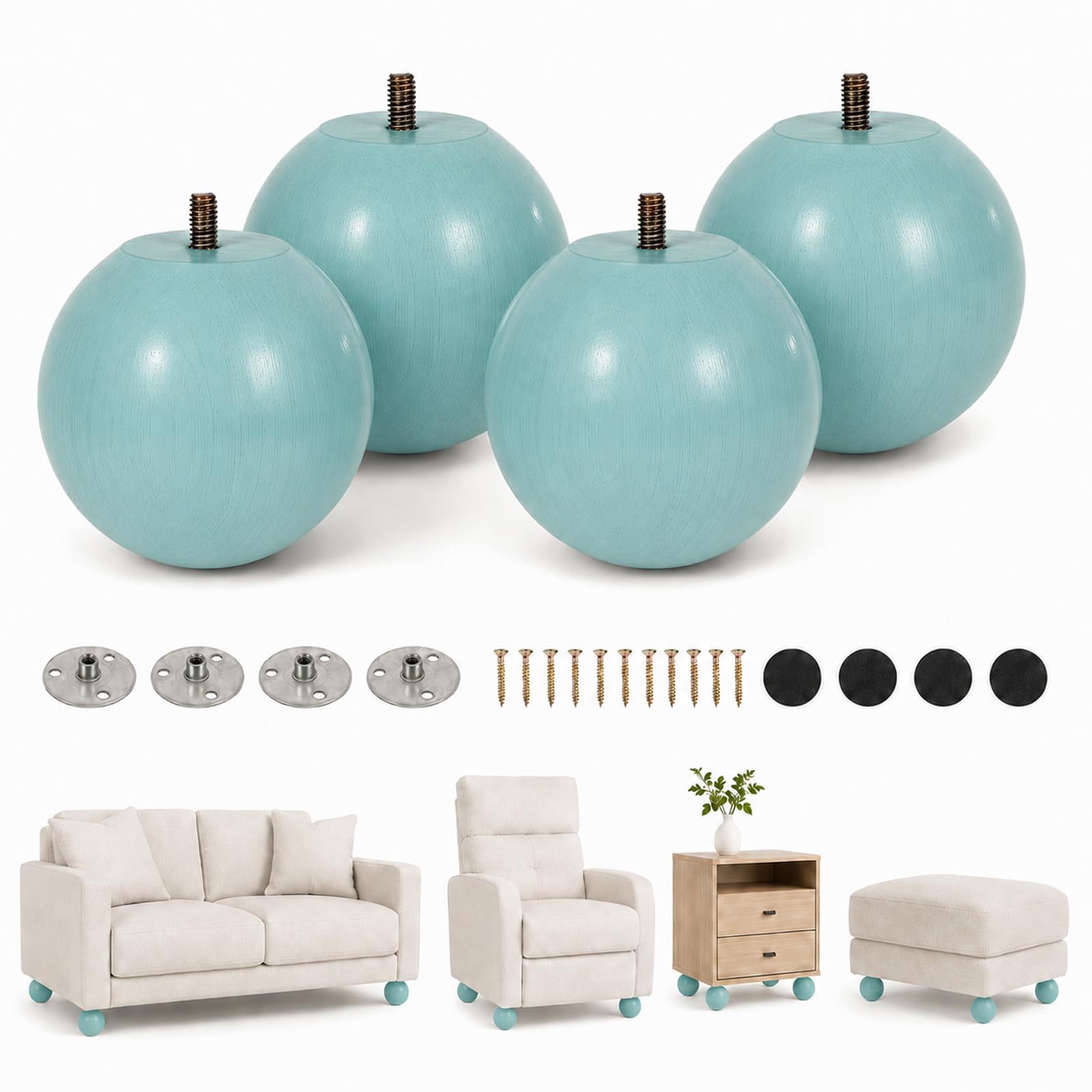 Wooden Furniture Legs Set of 4, 11x10 cm Round Blue Sofa Huge Bun Feet