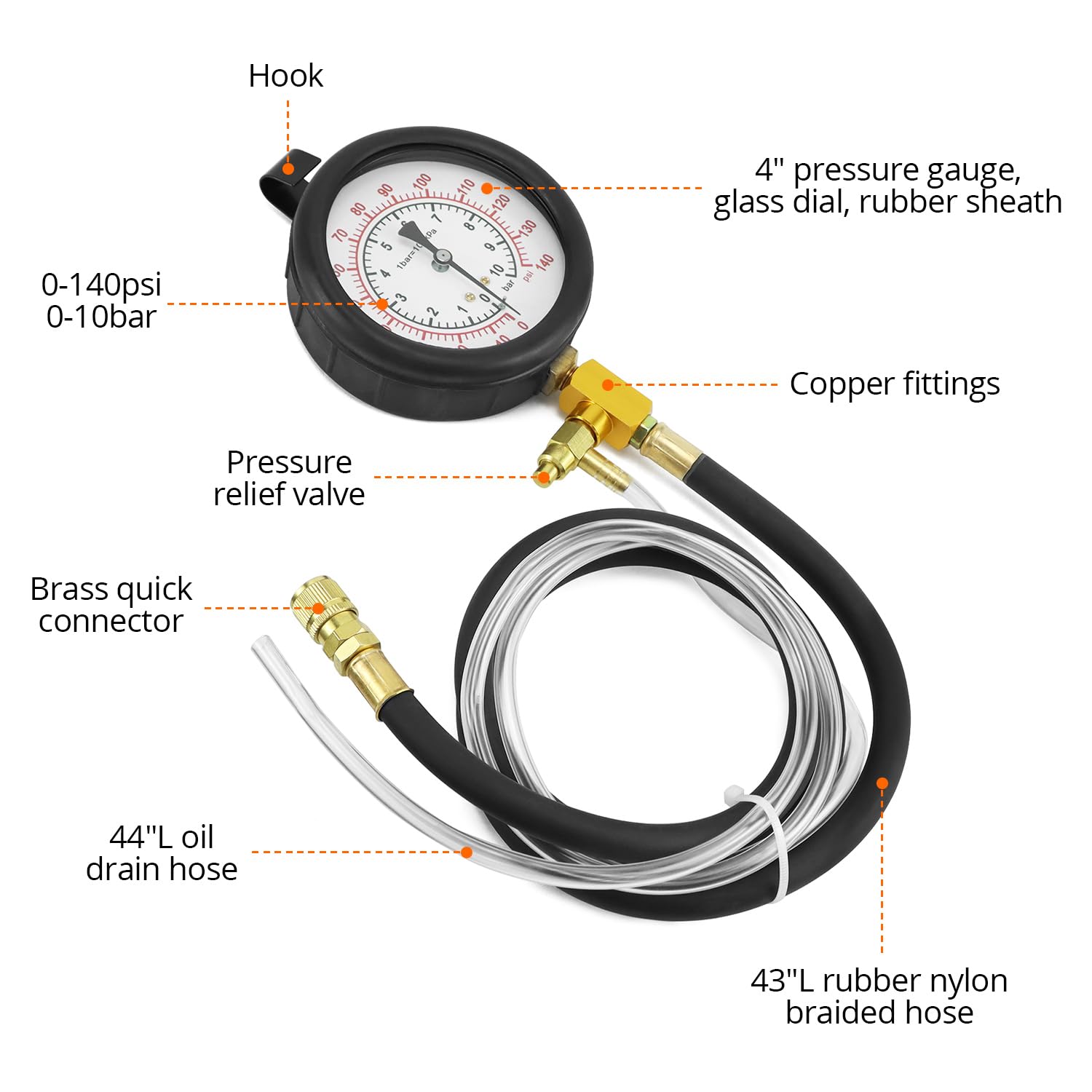 QWORK® Tester di pressione benzina, manometro carburante per sistemi di iniezione, manometro 0-140 PSI / 0-10 bar