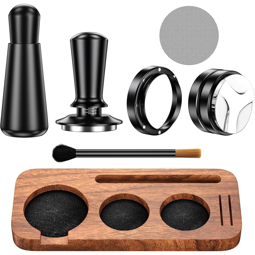 IJSDNVJNDX Coffee Distributor 53mm Espresso Tool Kit, 7 Pack Espresso Accessories Kit, Tamping Station Tamper WDT Tool