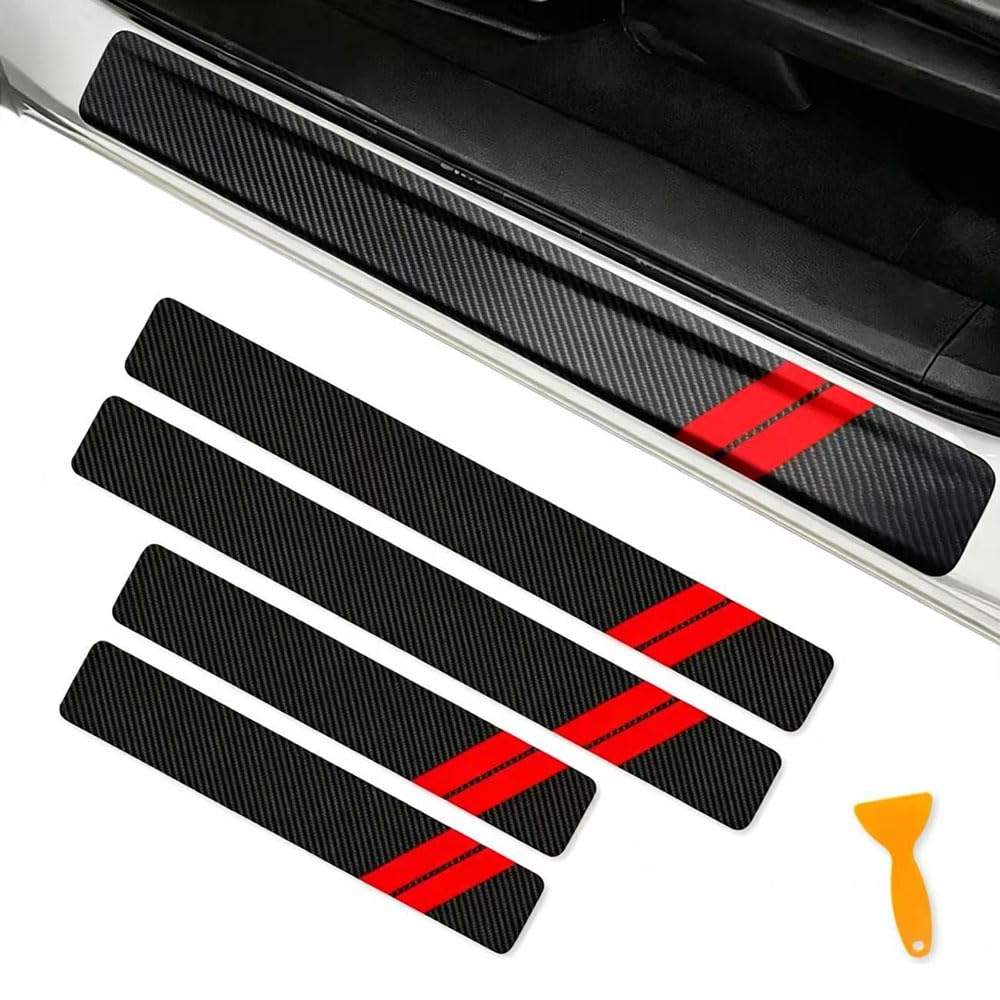 HIJOIO Car Door Sill Protector for,Scuff Plates,Carbon Fiber Effect Sill Guards,Threshold Guards,Welcome Pedal Trim,Interior Styling Accessories,A - red