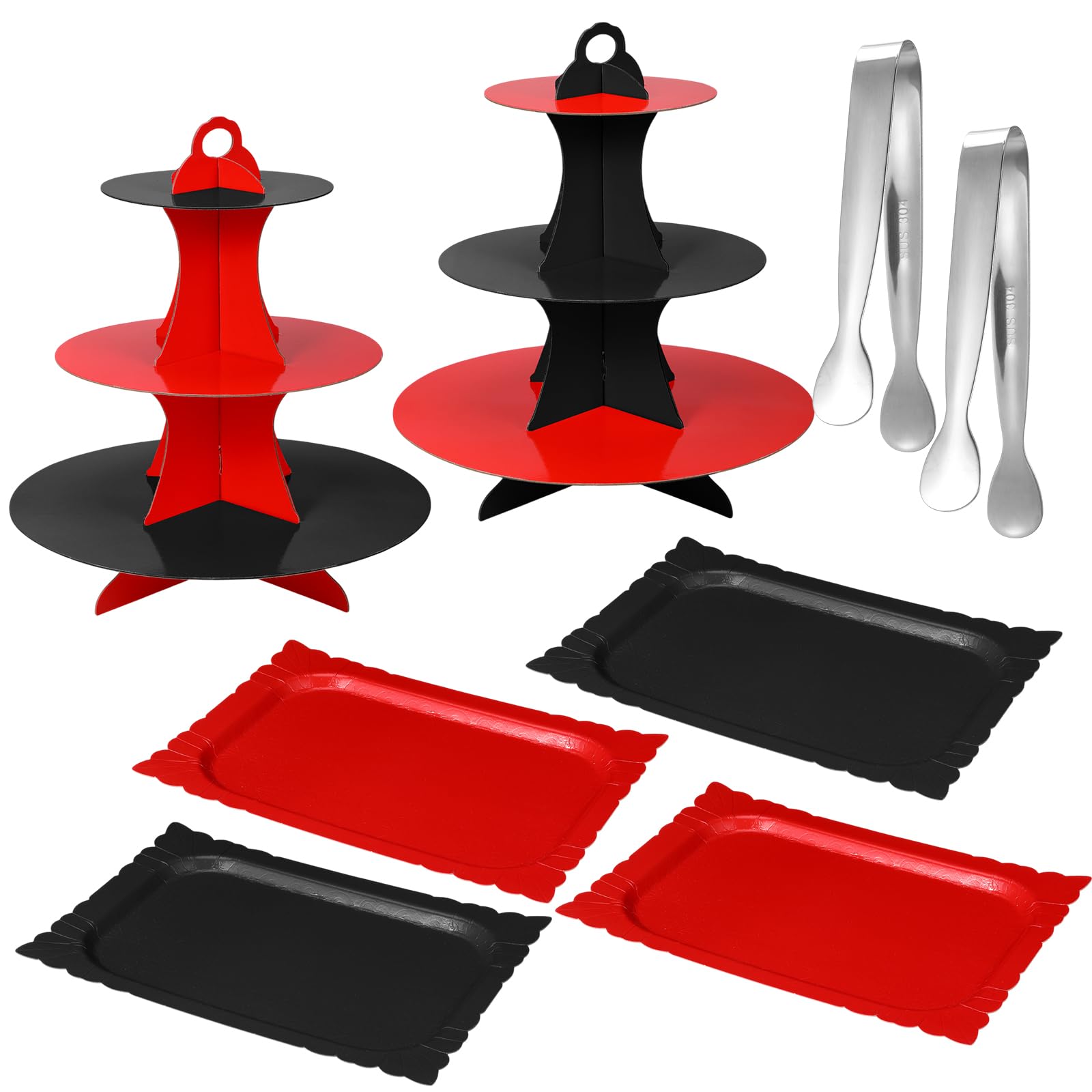 Willinglong 8 Pcs Cake Stand Set with 2 x 3-tier Cardboard Cupcake Stand Tower 4 x Rectangle Serving Trays 2 x Serving Tongs for Wedding Bridal Shower Graduation Birthday Party Favors (Red,Black)