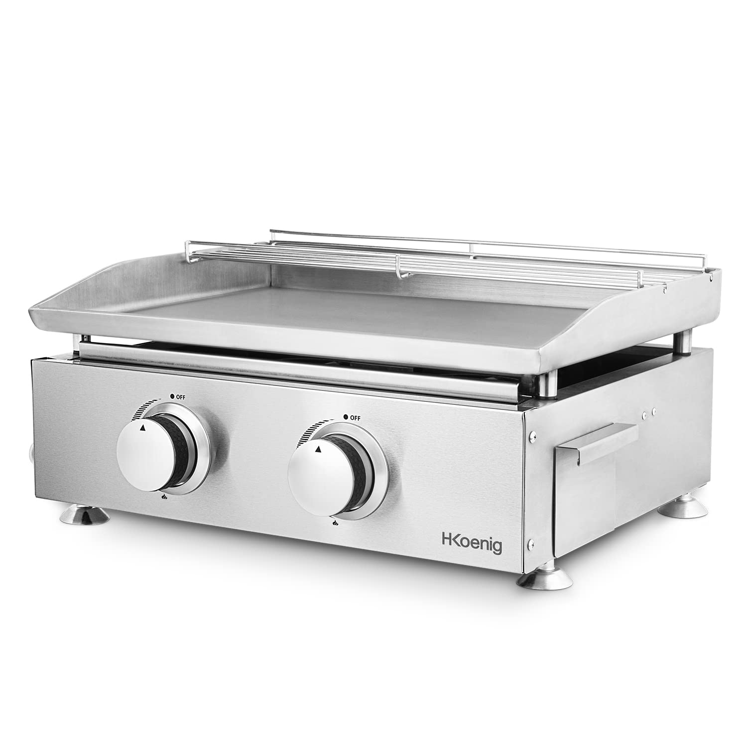 H.Koenig Plancha PLX920 2 palniki gazowe U ze stali nierdzewnej, propan lub butan, jednorodna dystrybucja ciepła, regulowana temperatura do 350°C, antypoślizgowe nóżki