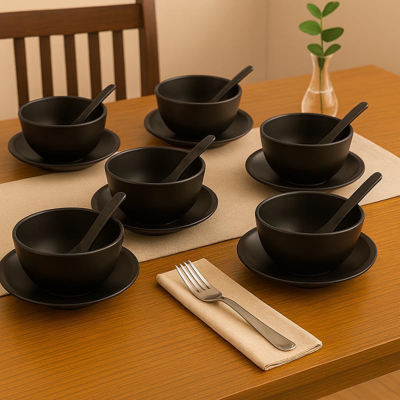 Image of Ariya Melamine Soup Bowl Set of 6 (Black /Plain, 350 ml) with Spoon & Saucer|Microwave & Dishwasher Safe|Premium Serving Bowls for Soup, Noodles, Cereal, Pasta & Oatmeal|Durable,Serving Bowls Sets