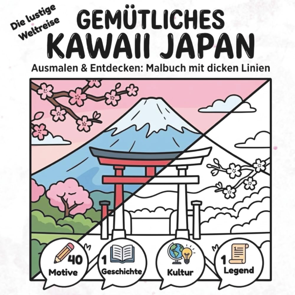 Die lustige Weltreise - Gemütliches Kawaii Japan: Ausmalen & Entdecken : Malbuch mit dicken Linien
