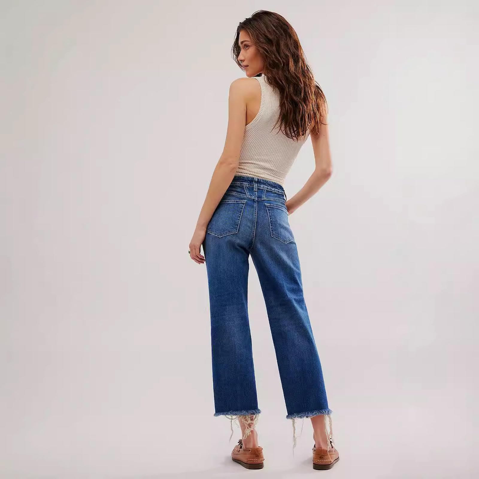 Jeans Donna Larghi da Gamba Dritta Orlo Sfilacciato Larga Jeans-Blu Scuro-l